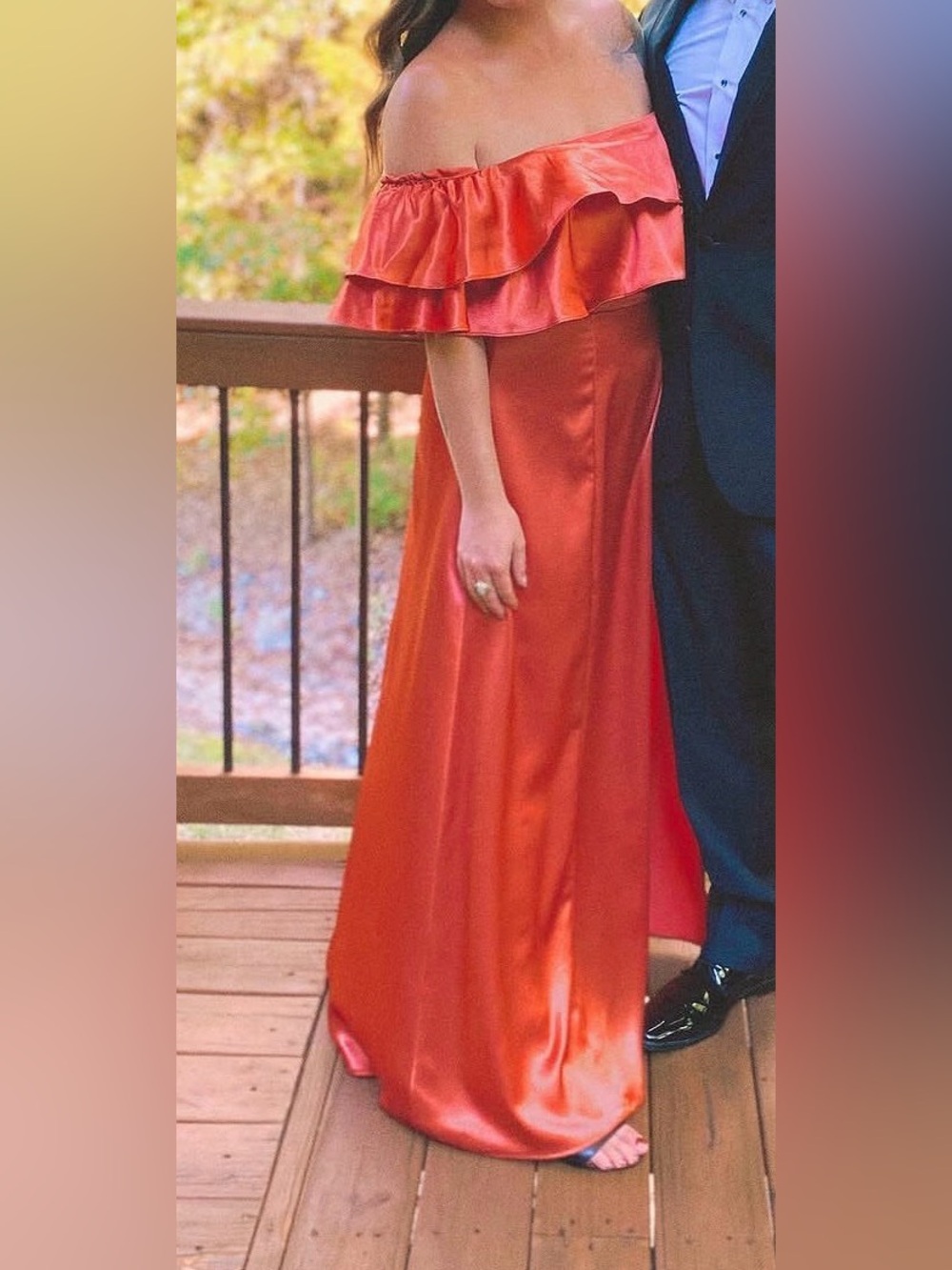 Lulu's Burnt Orange Off-Shoulder Satin Maxi Dress XL